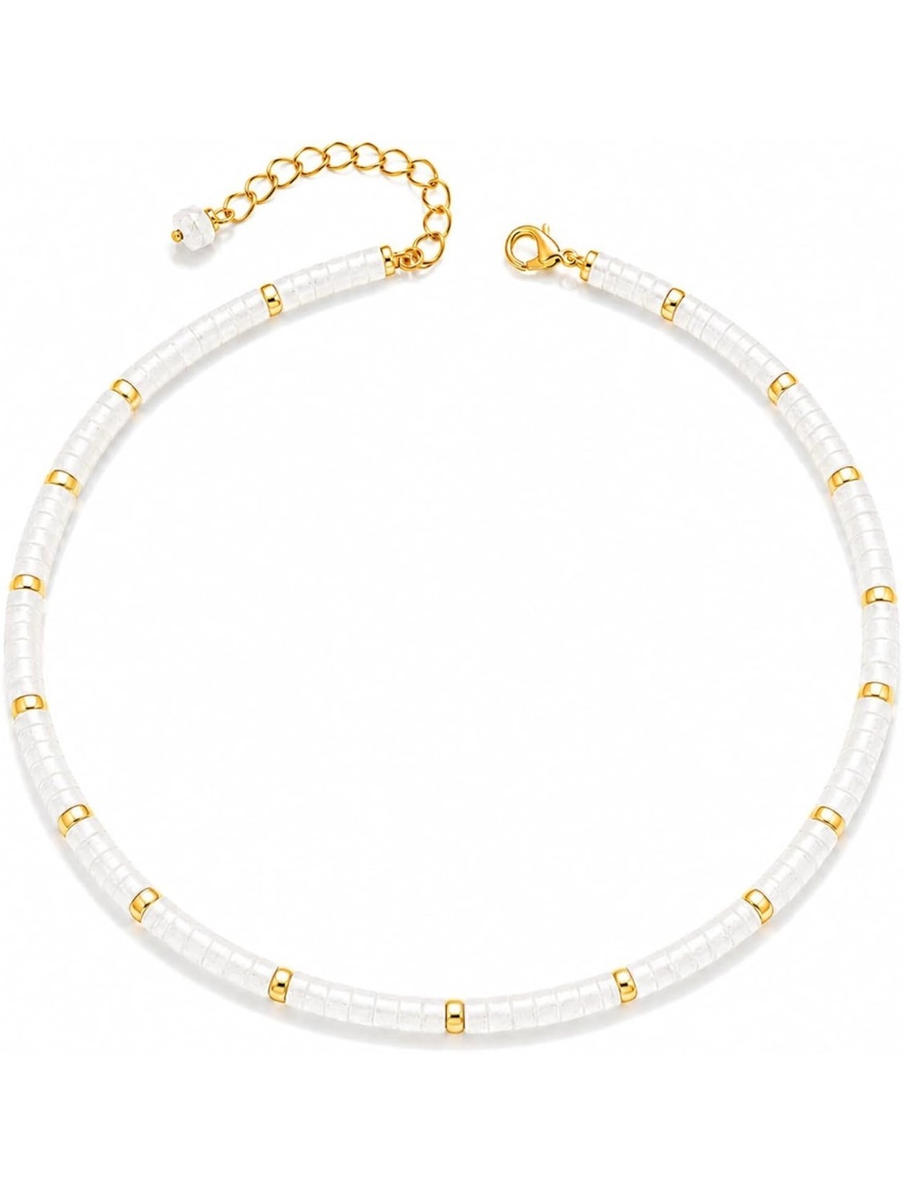 Natural Gemstone Gold & White Beaded Choker Necklace - Clear Quartz